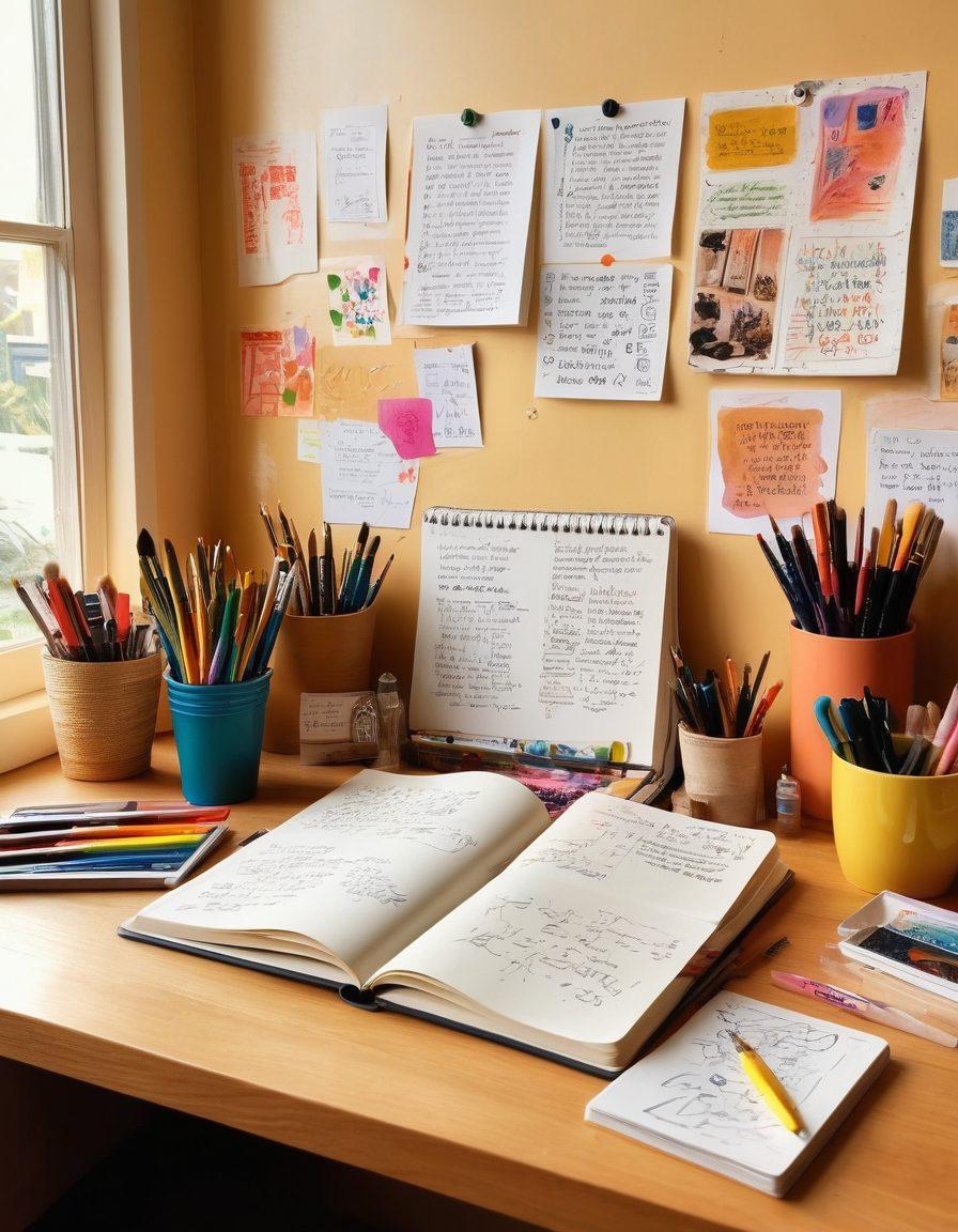 A vibrant and inviting workspace featuring an open notebook filled with colorful sketches and handwritten notes, surrounded by art supplies like paints, brushes, and markers. The background showcases a wall adorned with inspiring quotes and photographs, and a warm light illuminating the scene, creating a sense of personal connection and creativity. super-realistic. warm colors. cozy atmosphere.