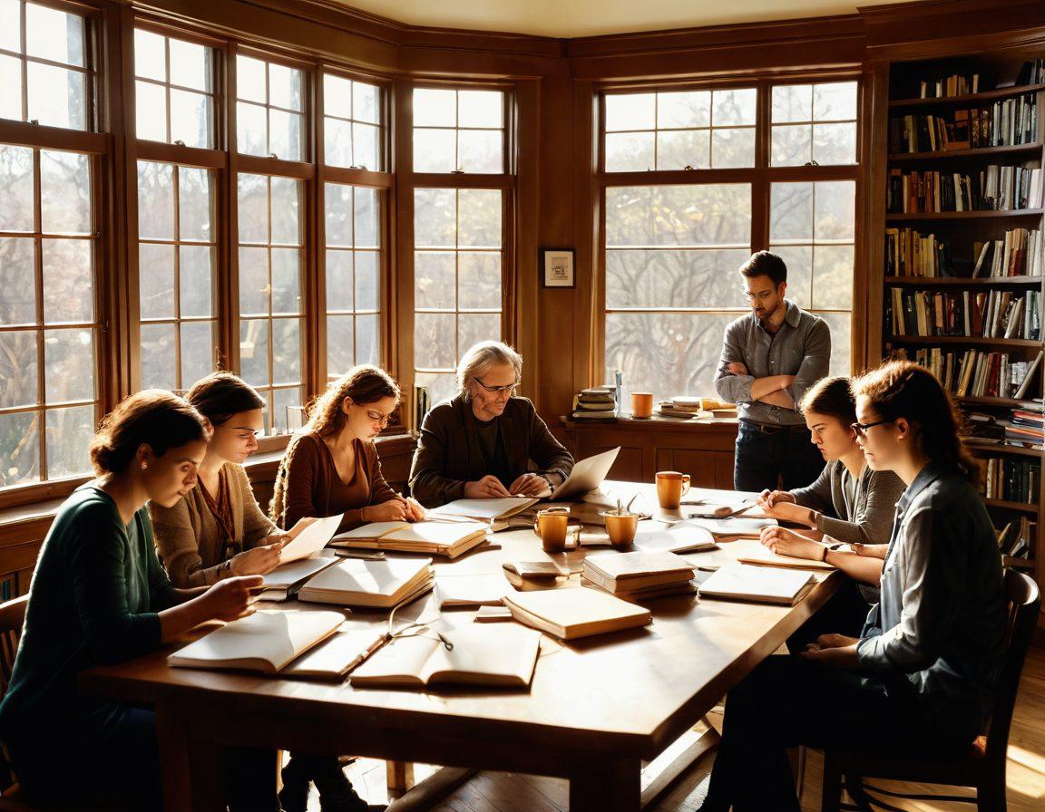 A diverse group of writers gathered around a large wooden table, animatedly sharing ideas, with notebooks, laptops, and coffee cups scattered around. Soft sunlight filtering through a window highlights their passion and creativity. In the background, bookshelves filled with various literary works create an inviting atmosphere. super-realistic. warm colors. cozy setting.