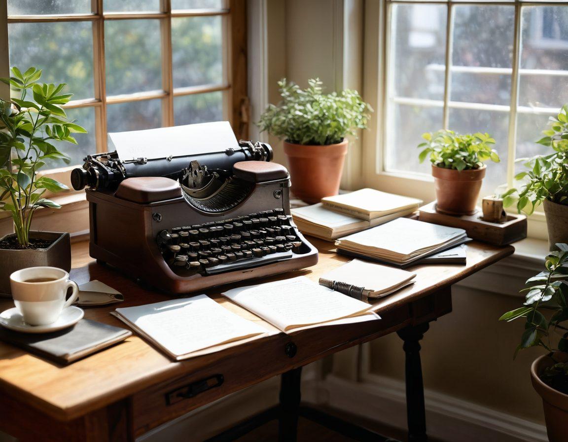 A cozy writing space showcasing a rustic wooden desk filled with an old-fashioned typewriter, scattered notebooks, and a steaming cup of coffee. Sunlight filters in through a nearby window, illuminating the pages of personal essays filled with handwritten notes and sketches. In the background, there's a bookshelf brimming with diverse literature and a plant adding a touch of nature. Create a warm and inviting atmosphere that encourages creativity. super-realistic. vibrant colors.